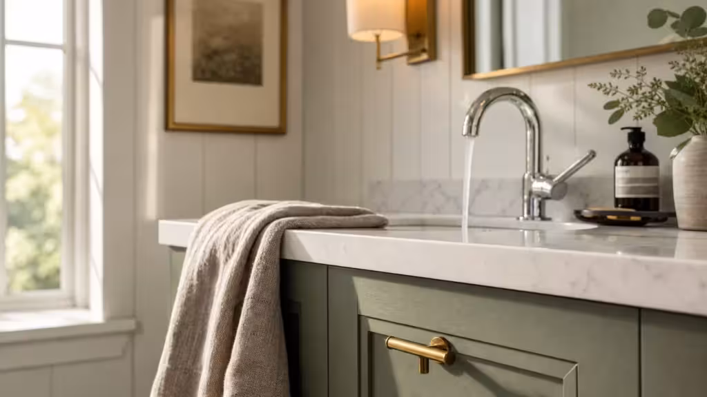 A close-up photograph of an updated bathroom vanity painted in sage green with brushed brass hardware and a quartz countertop.