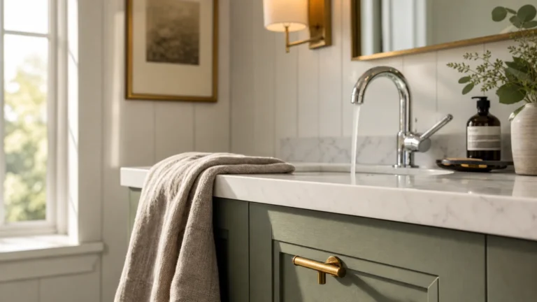 A close-up photograph of an updated bathroom vanity painted in sage green with brushed brass hardware and a quartz countertop.
