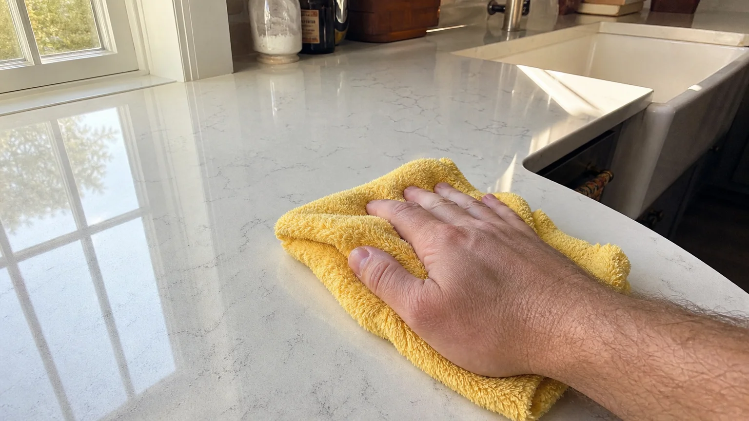 A close-up shot of a hand buffing a white quartz countertop with a yellow microfiber cloth, revealing a bright window reflection.