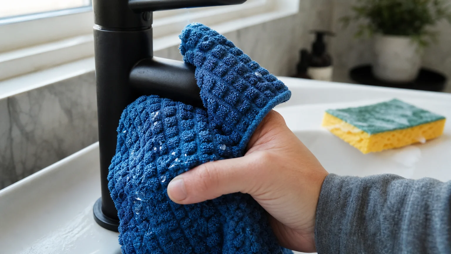 A close-up shot of a hand using a blue microfiber cloth to wipe a matte black faucet, with an old sponge sitting in the background.