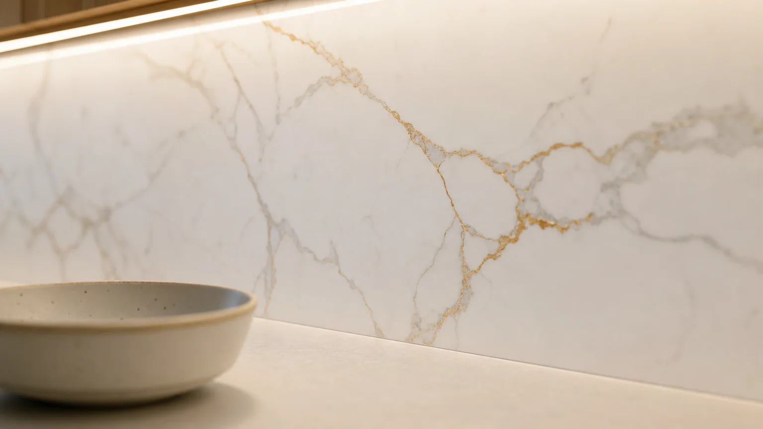 A close-up shot of a large-format white porcelain slab backsplash with gold and grey marble veining meeting a clean kitchen countertop.