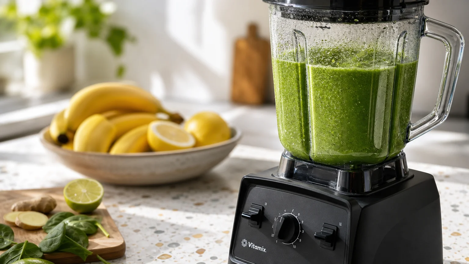 A close-up shot of a modern black blender filled with a green smoothie on a terrazzo kitchen counter.