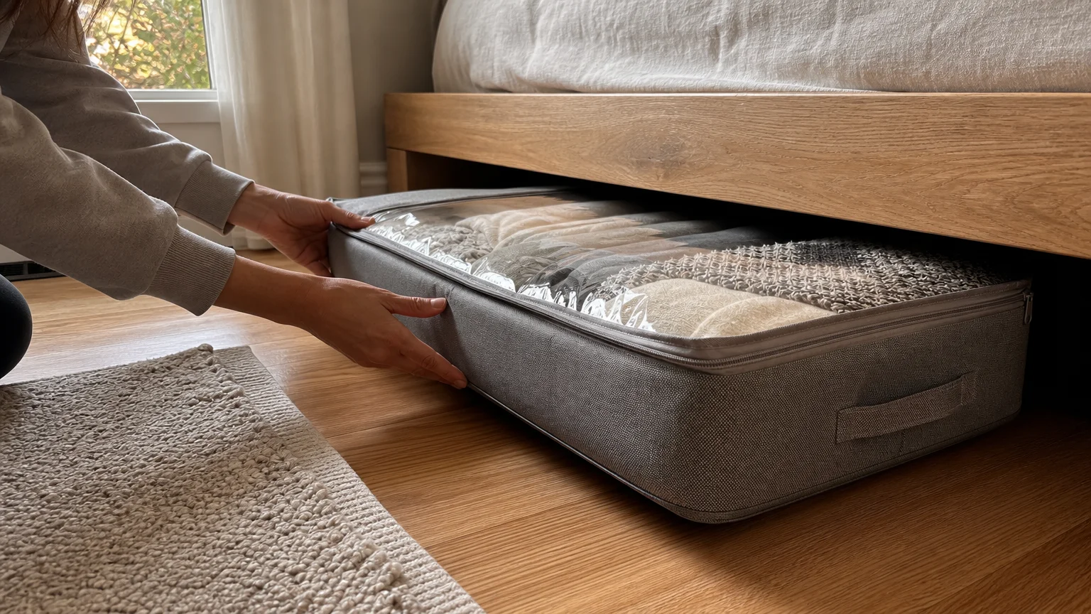 A close-up shot of a person sliding a zippered fabric storage bin under a wooden bed frame.