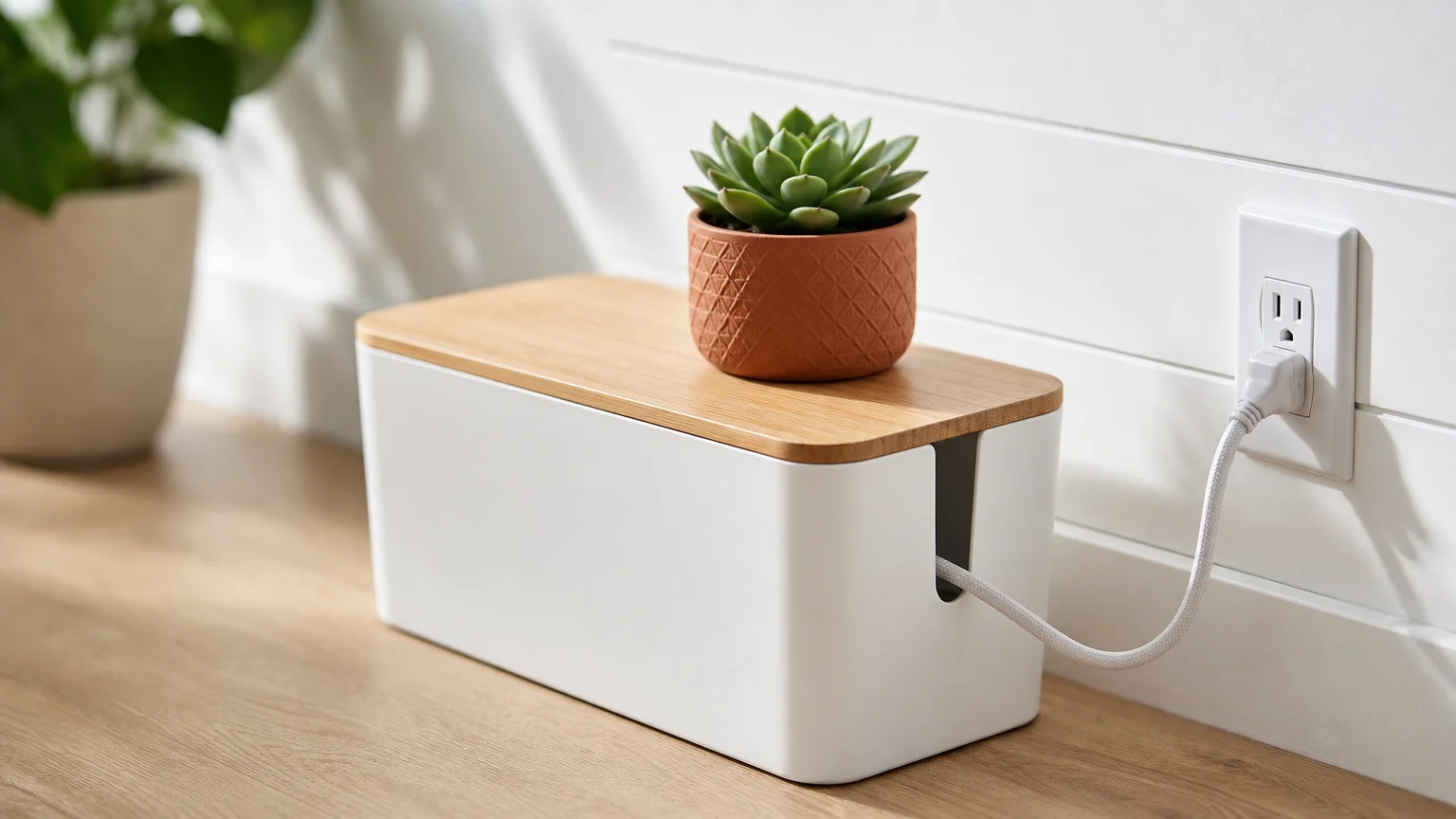 A close-up shot of a white cable management box with a wooden lid and a small succulent on top, hiding cords on an oak floor.