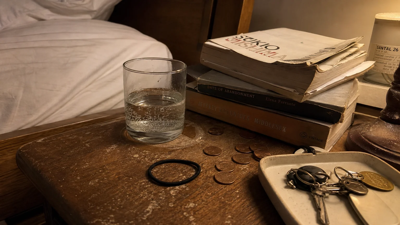 A cluttered wooden nightstand with a glass of water, books, and loose hair ties.