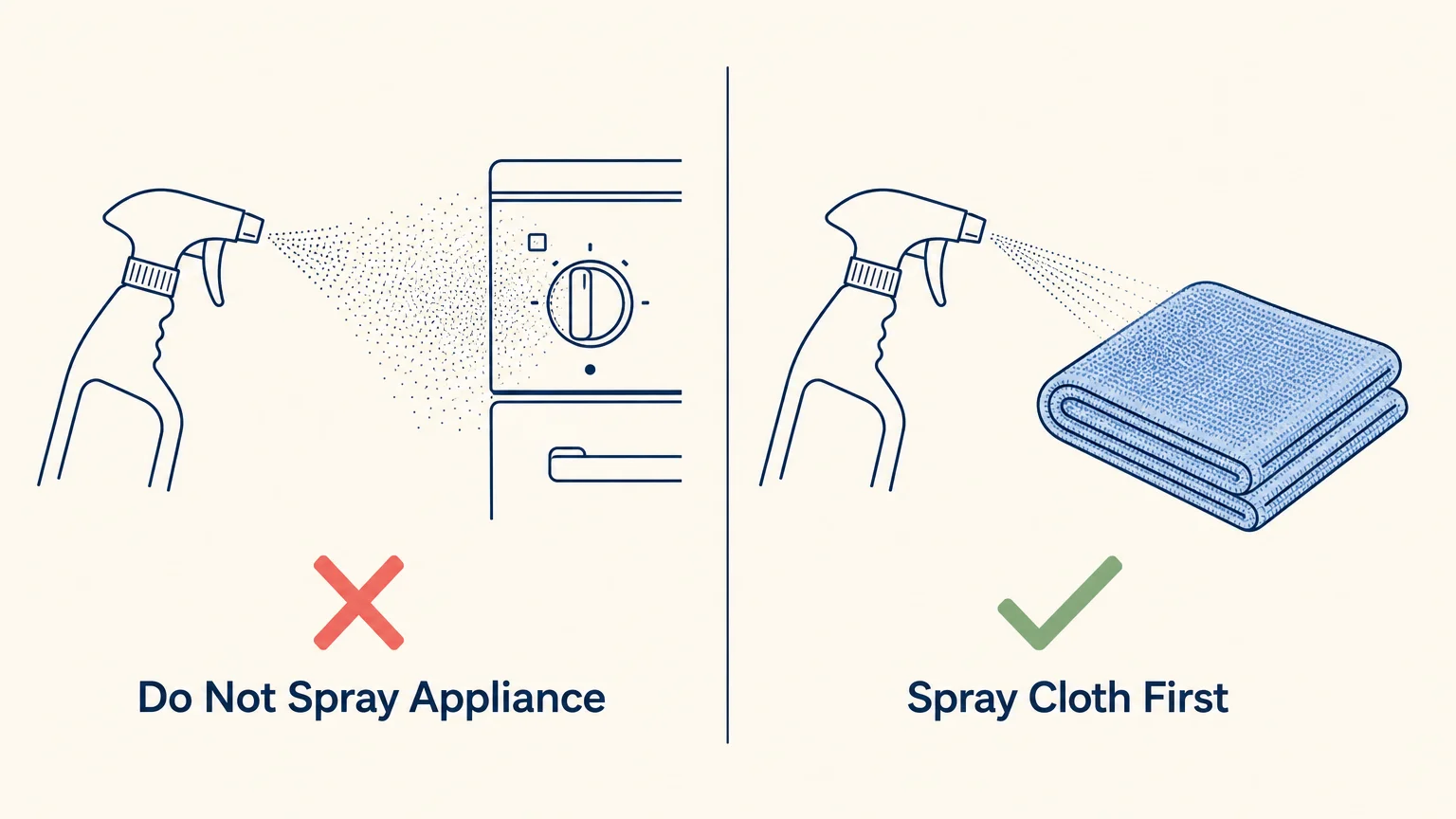 A comparative diagram showing the wrong way (spraying directly on an appliance) and the right way (spraying a microfiber cloth first).