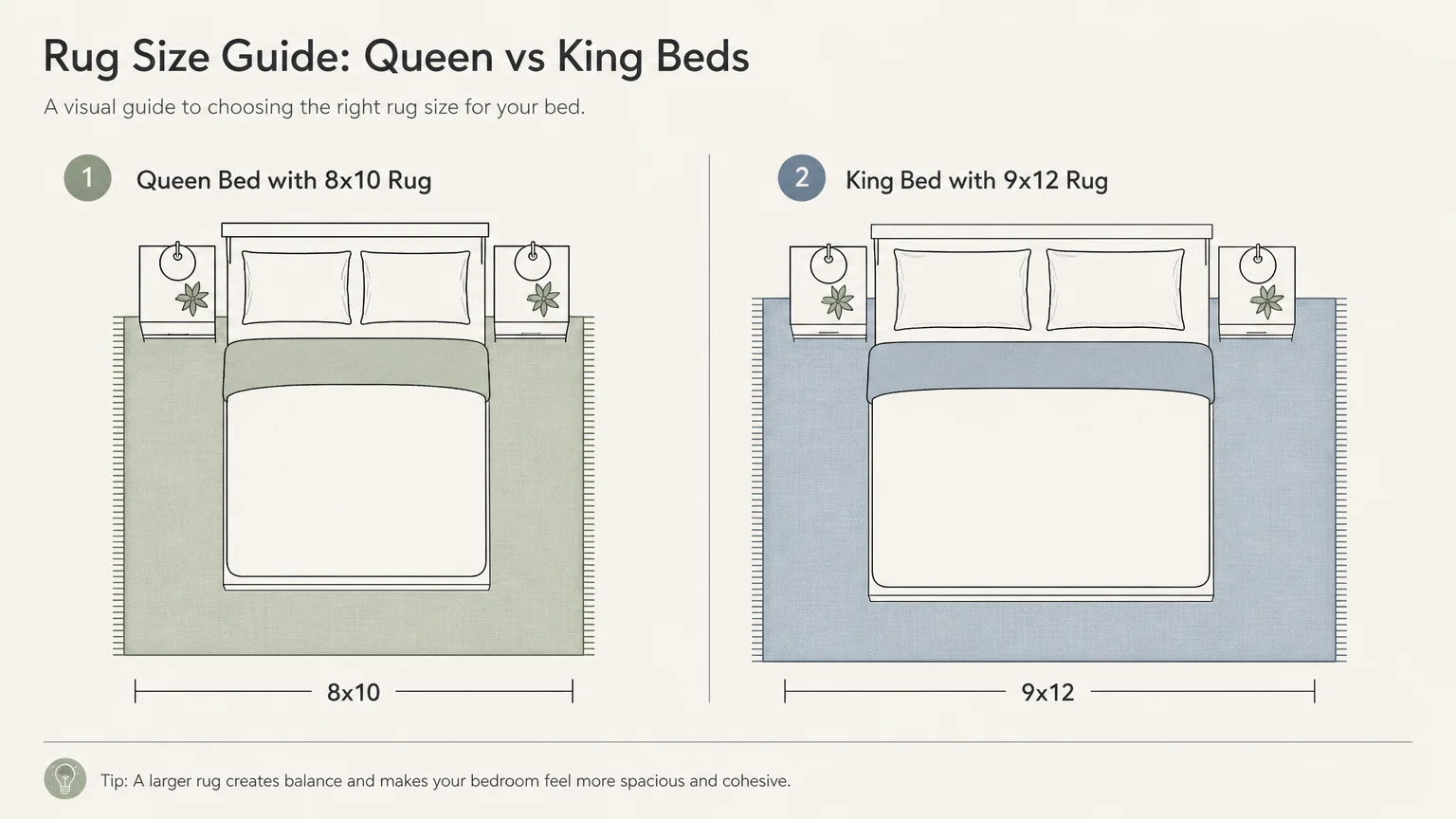A comparative floor plan diagram showing standard rug sizes side-by-side for Queen and King bed dimensions.