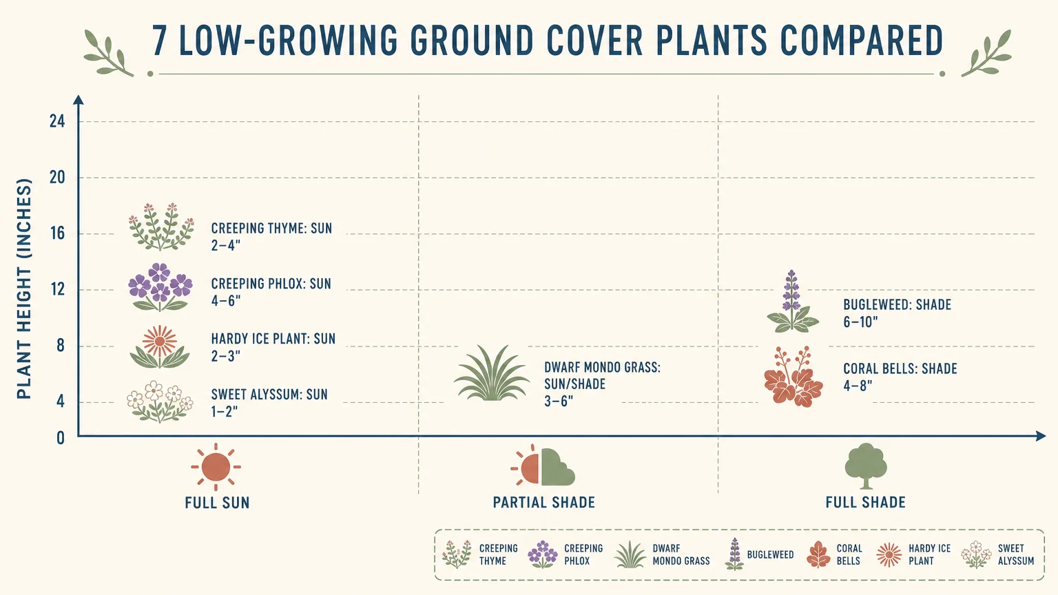 A comparison chart showing sun requirements and heights for seven weed-smothering ground cover plants.