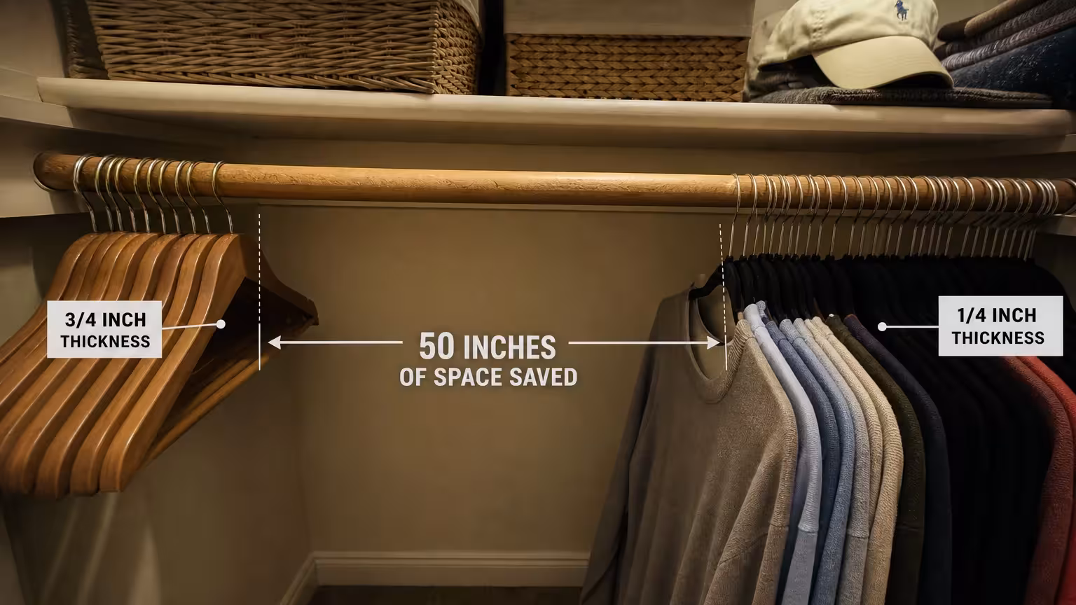A comparison showing how much more space slim velvet hangers save compared to bulky wooden ones.