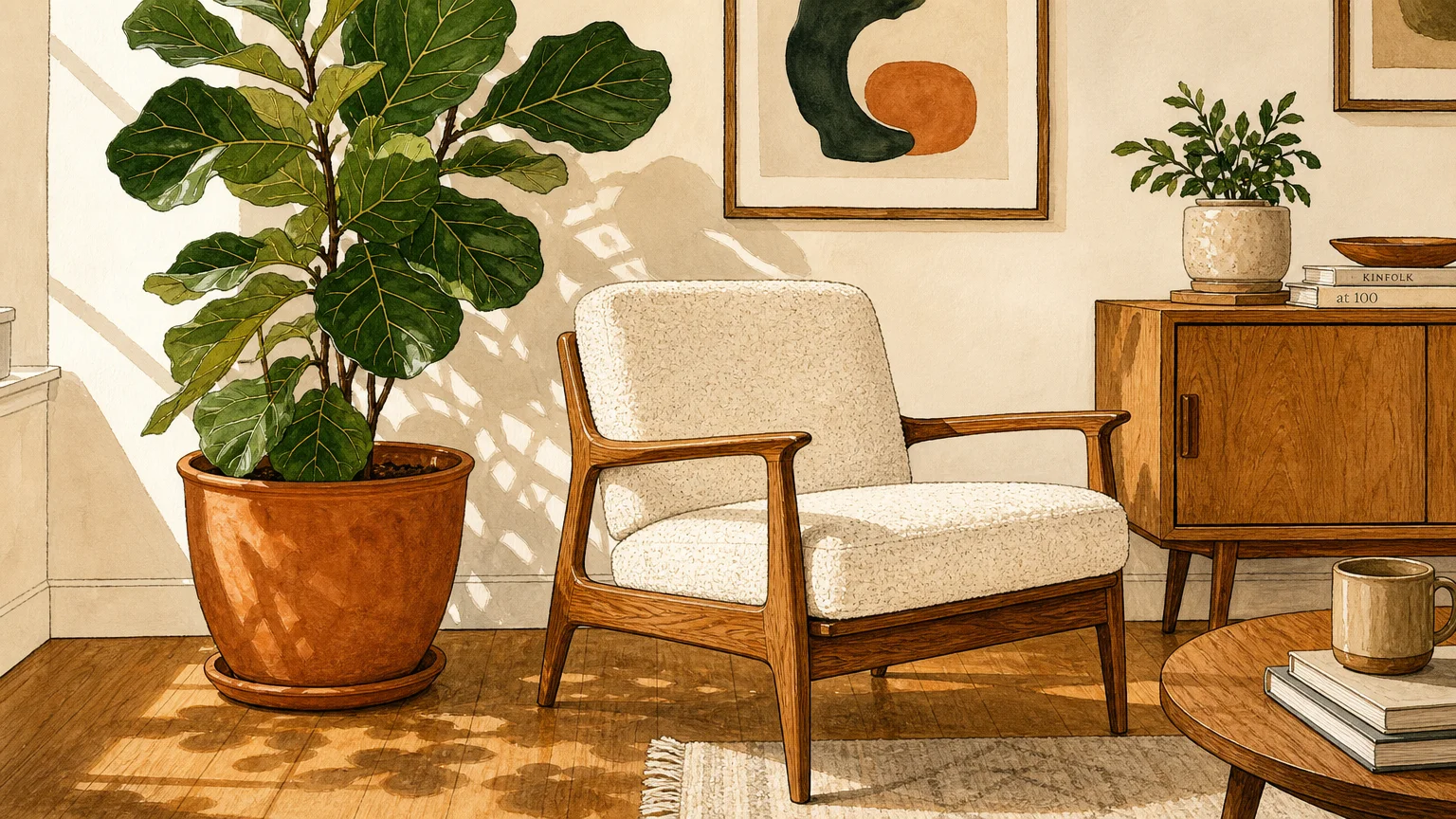 A cozy illustration of a wooden mid-century armchair and a potted plant in a sunny, dry indoor living room.