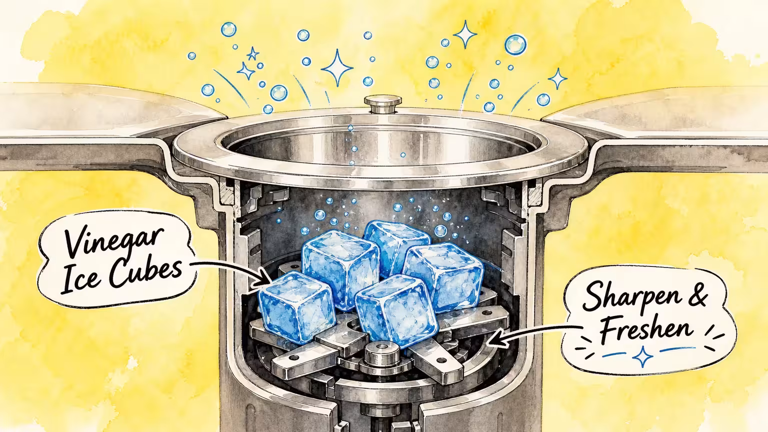 A cross-section illustration of vinegar ice cubes in a kitchen garbage disposal.