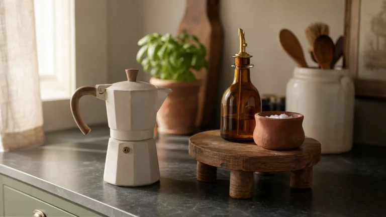 A curated and organized kitchen counter featuring a cream ceramic coffee maker, a wooden stand with olive oil, and soft morning light.