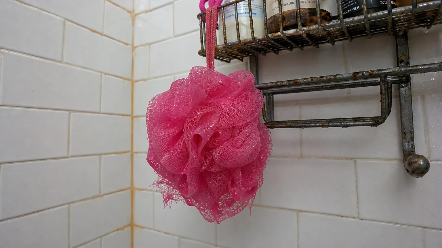 A damp, frayed pink mesh loofah hanging in a shower with visible wear and moisture.