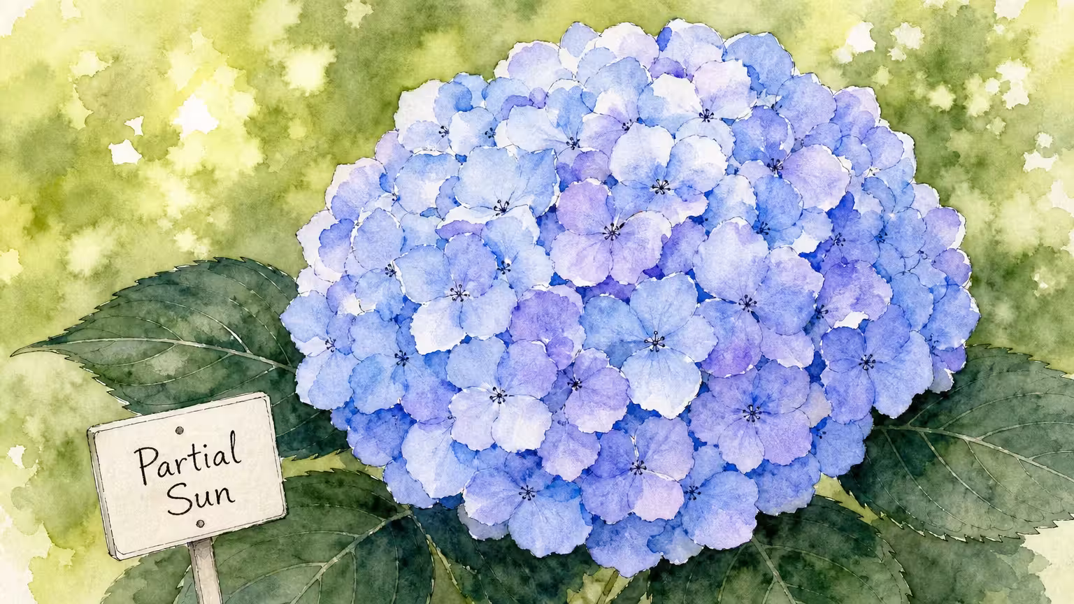 A detailed watercolor illustration of a blue and purple hydrangea flower head.