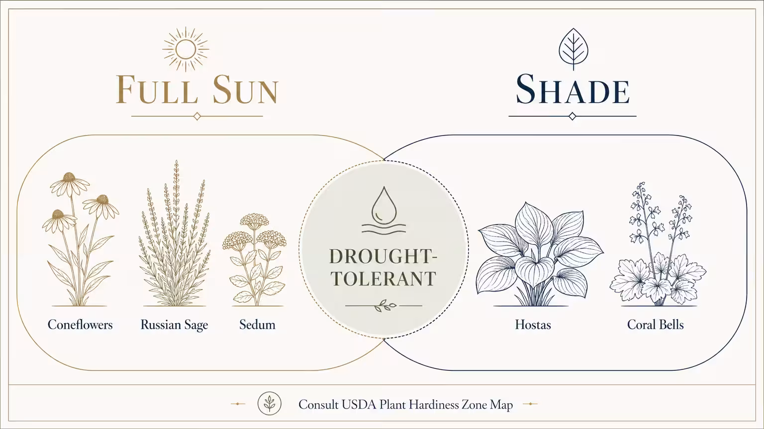 A diagram categorizing the plants from the article into 'Full Sun' and 'Shade' requirements.