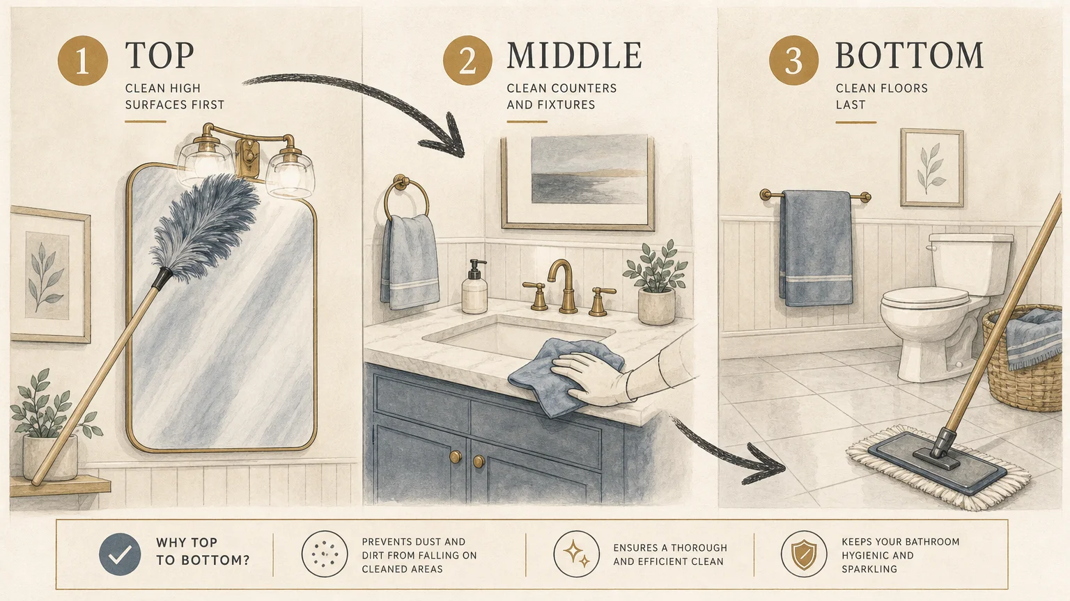 A diagrammatic illustration outlining the cleaning sequence from high light fixtures down to the bathroom floor.
