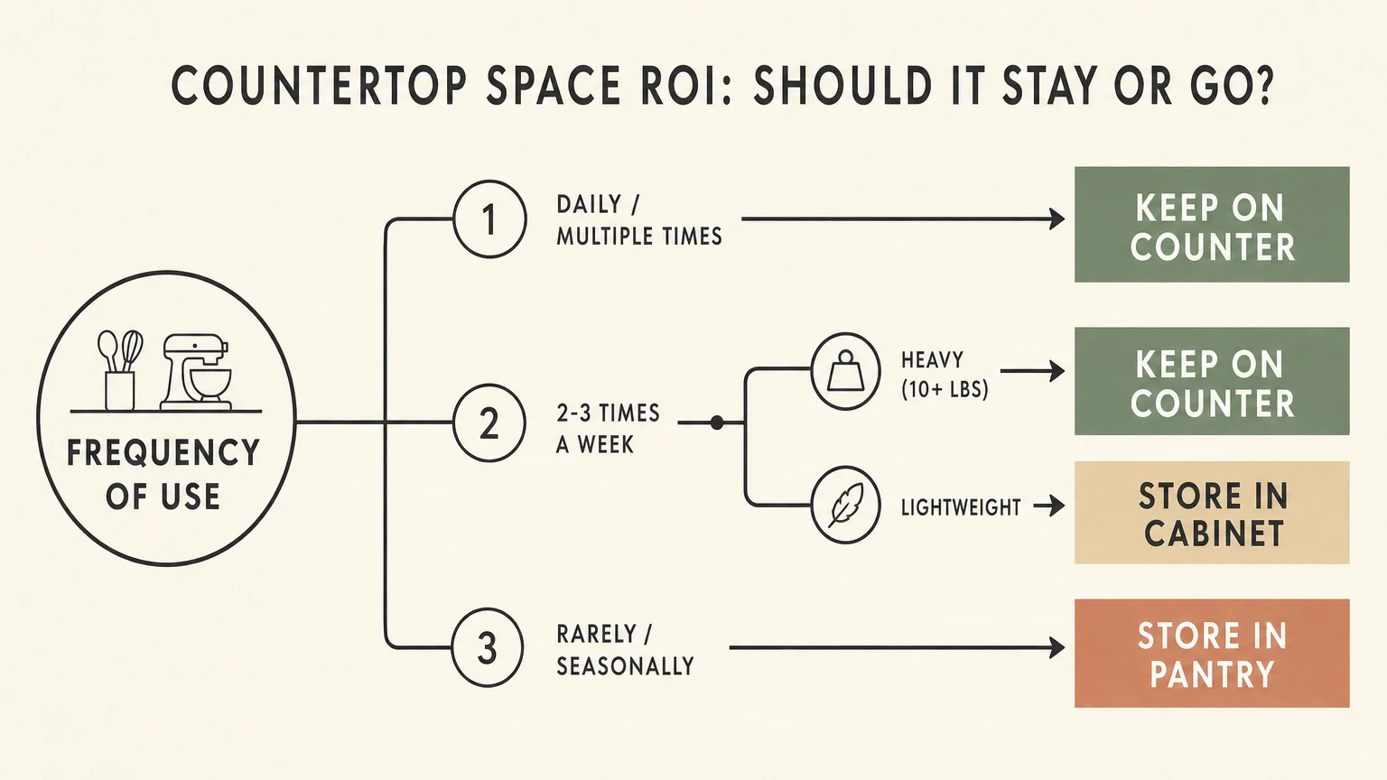A flow chart diagram showing when to keep kitchen tools on the counter or store them away based on weight and use frequency.
