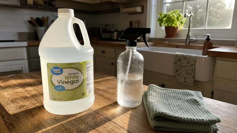 A gallon of white vinegar, a spray bottle, and a cleaning cloth on a sunny kitchen counter.