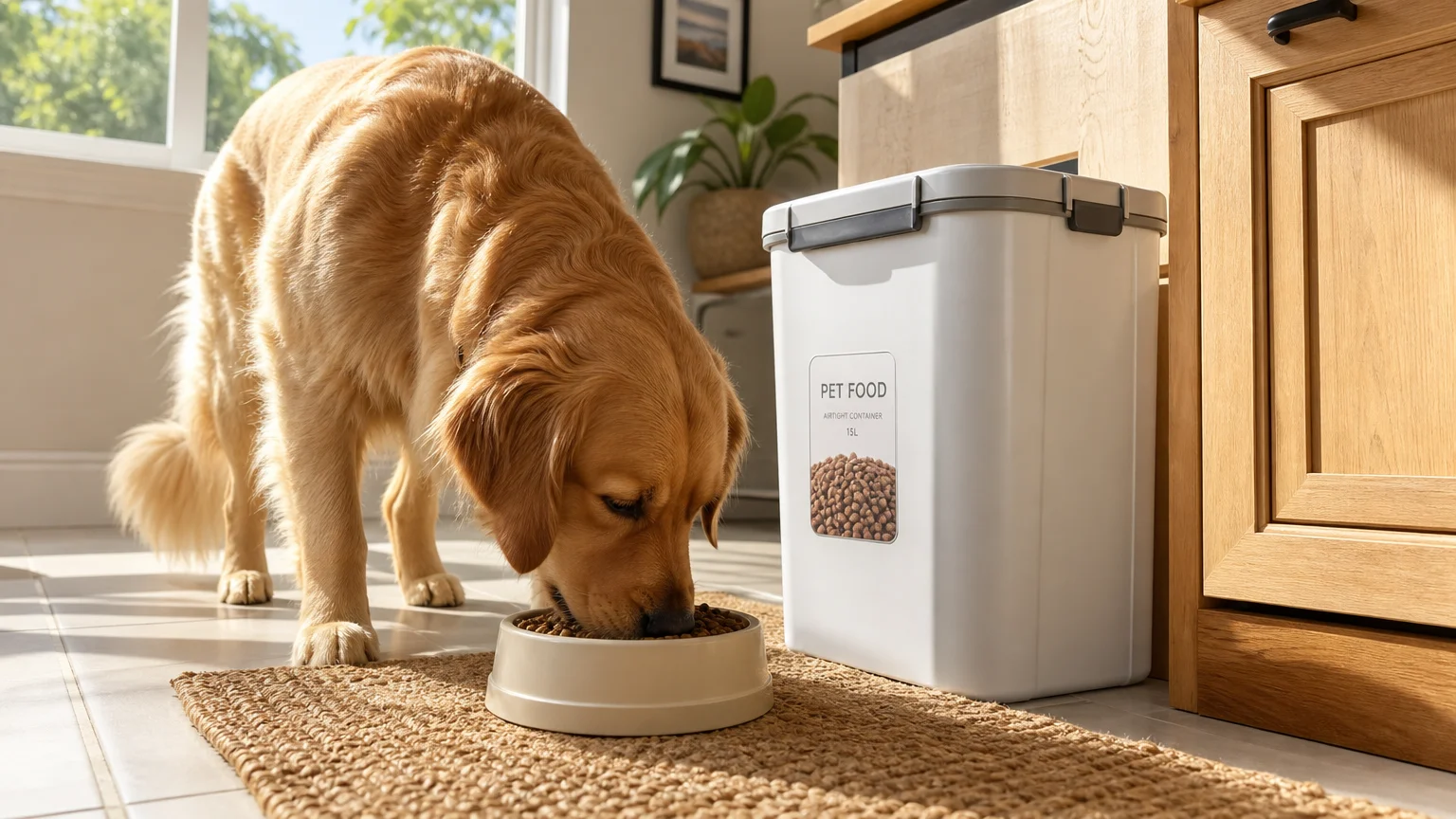 A golden retriever eating from a bowl in a kitchen with an airtight container of pet food in the background.