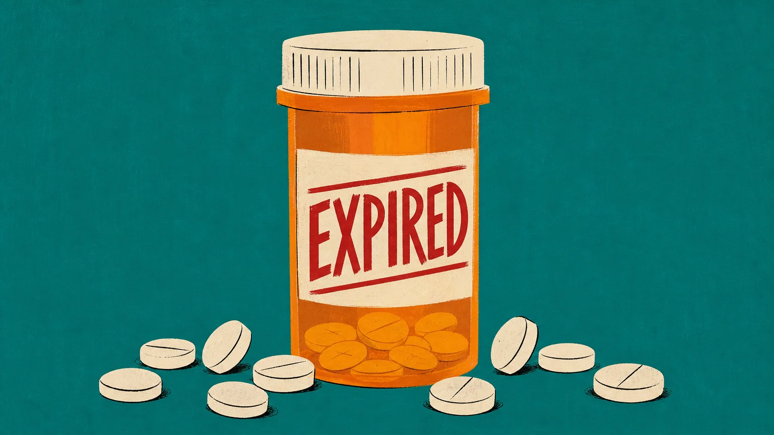 A gouache illustration of an orange prescription bottle with a bold 'EXPIRED' label on a teal background.
