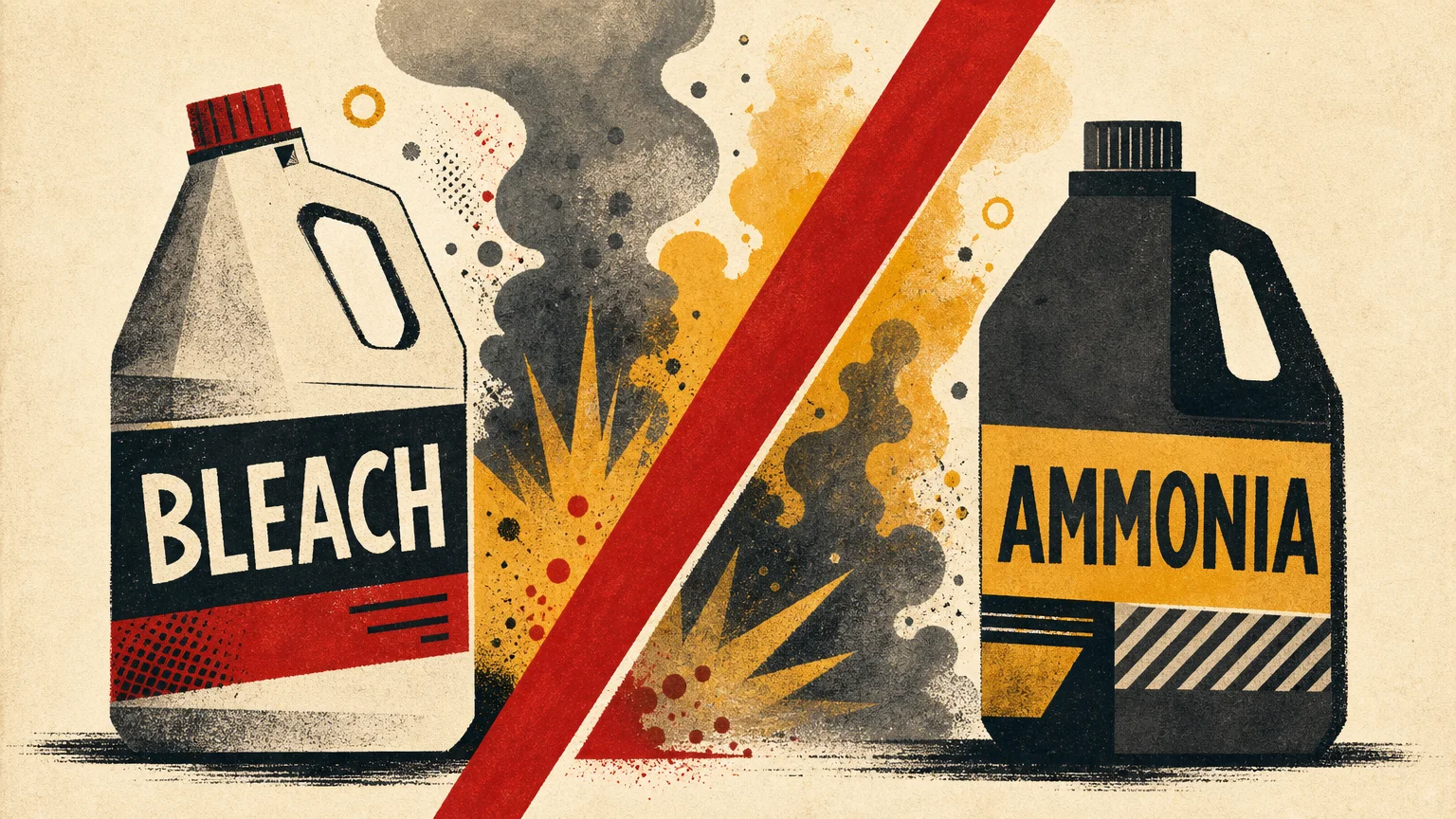 A graphic screenprint-style illustration warning against mixing bleach and ammonia, featuring bottles separated by a red barrier.