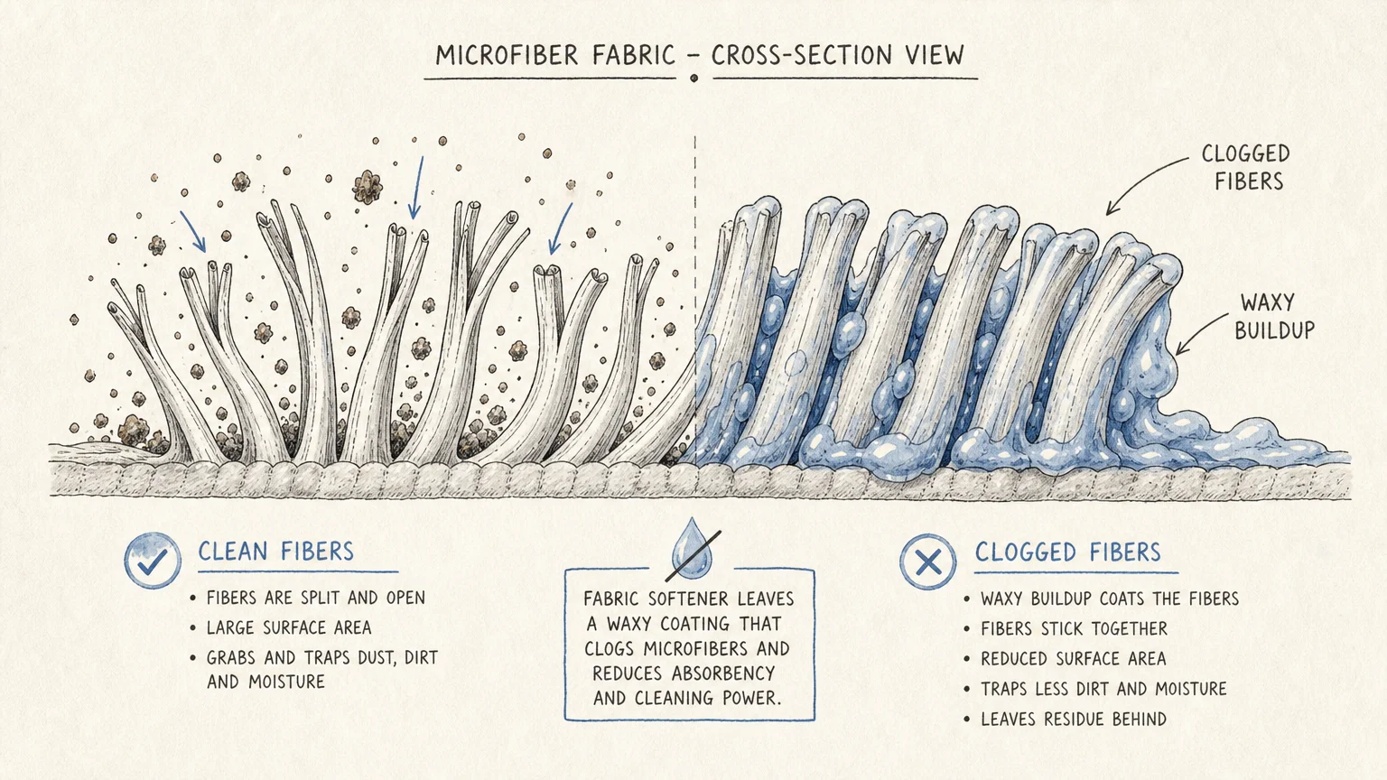 A hand-drawn diagram comparing clean microfiber filaments with fibers clogged by waxy fabric softener.