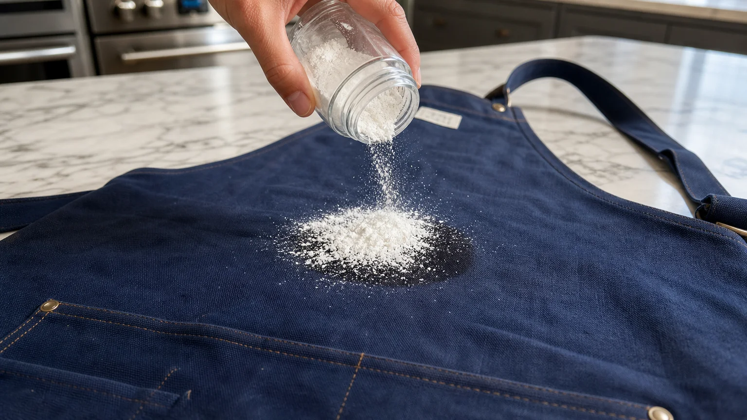 A hand shaking white cornstarch over a fresh grease spot on a navy blue canvas apron.