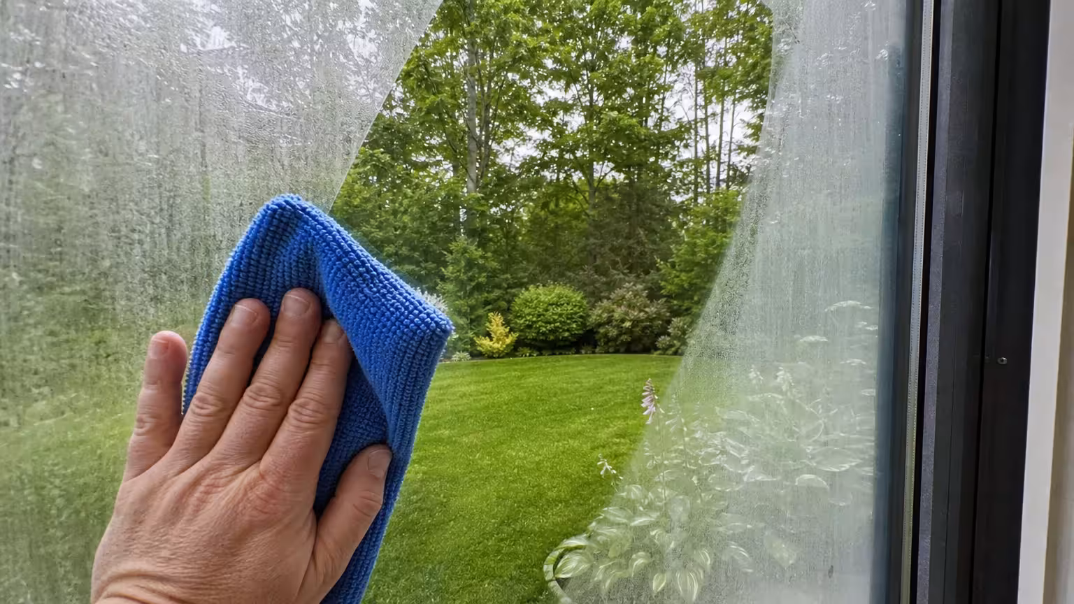 A hand wiping a window with a blue cloth, leaving a clear streak-free path.
