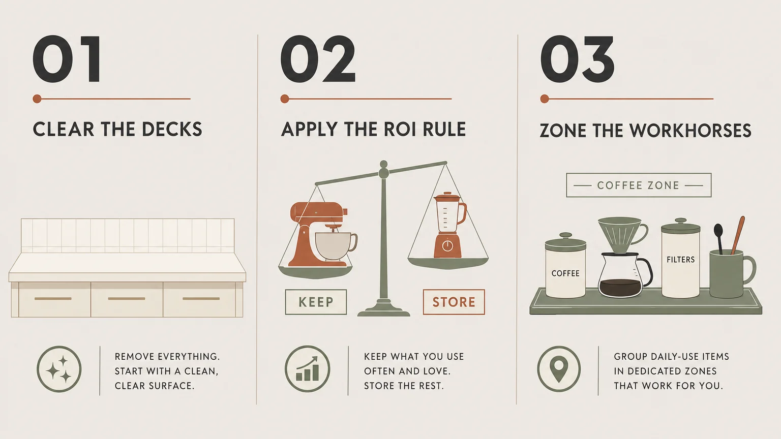 A horizontal 3-step infographic showing how to clean counters: clear the decks, apply the ROI rule, and zone the workhorses.