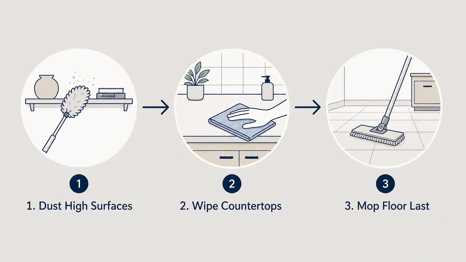 A horizontal process flow diagram outlining the top-to-bottom sequence: dust high surfaces, wipe countertops, then mop the floor.