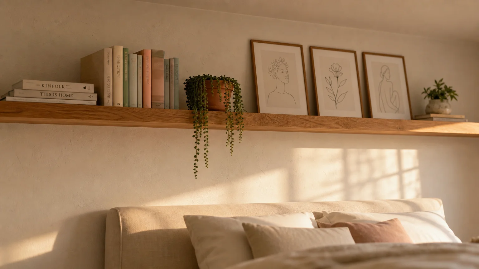 A long oak floating shelf mounted high on a wall, displaying books and plants above a bed in warm evening light.