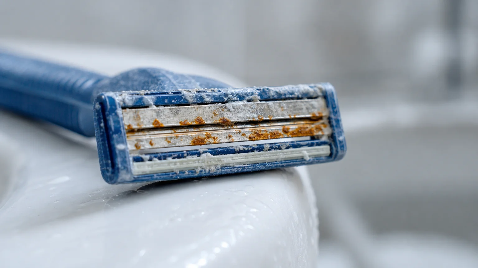 A macro photo of a disposable razor showing visible rust and mineral buildup on the blades.