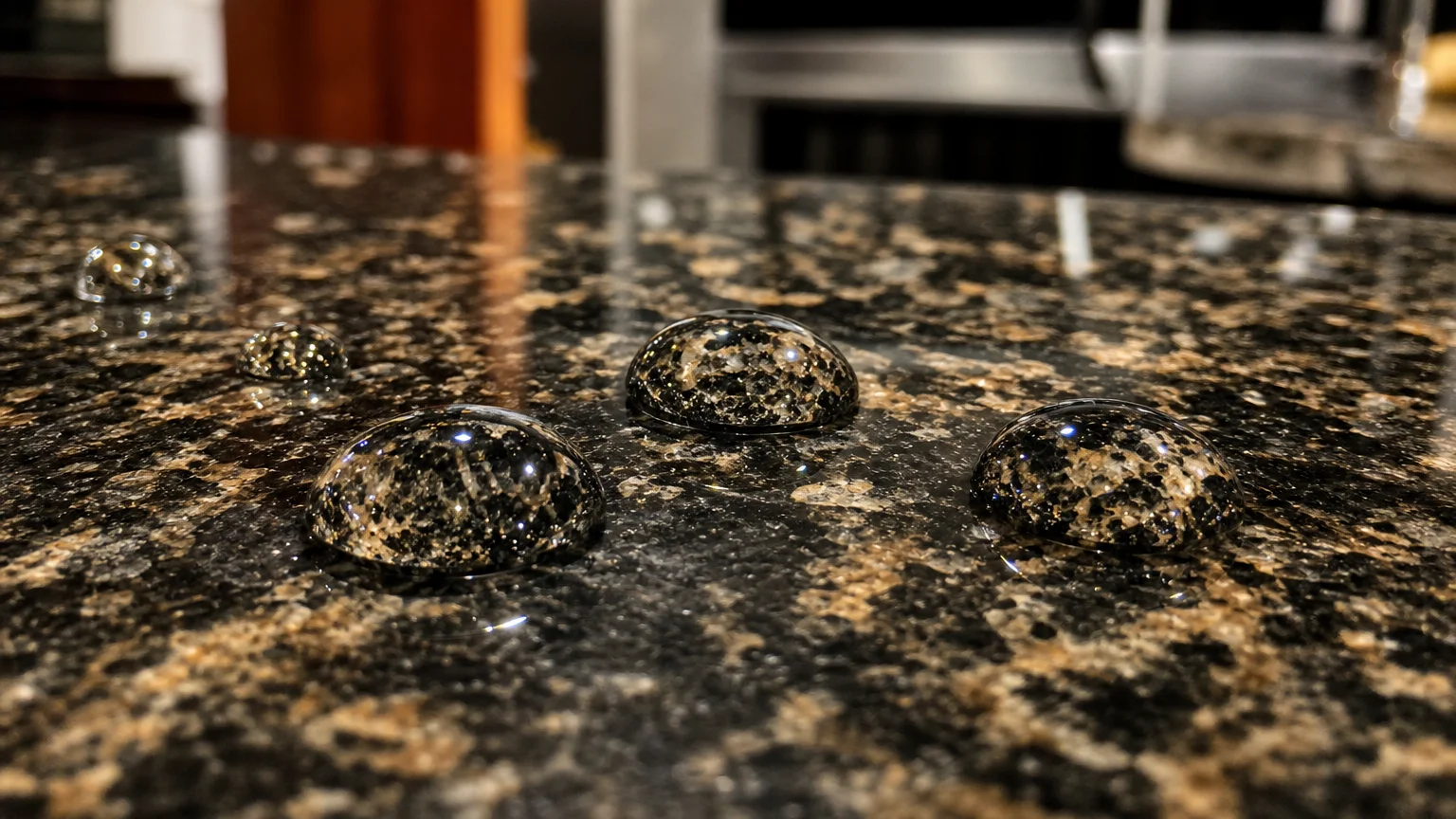 A macro photograph of perfect water droplets beading up on a sealed dark granite countertop, showing a successful water test.