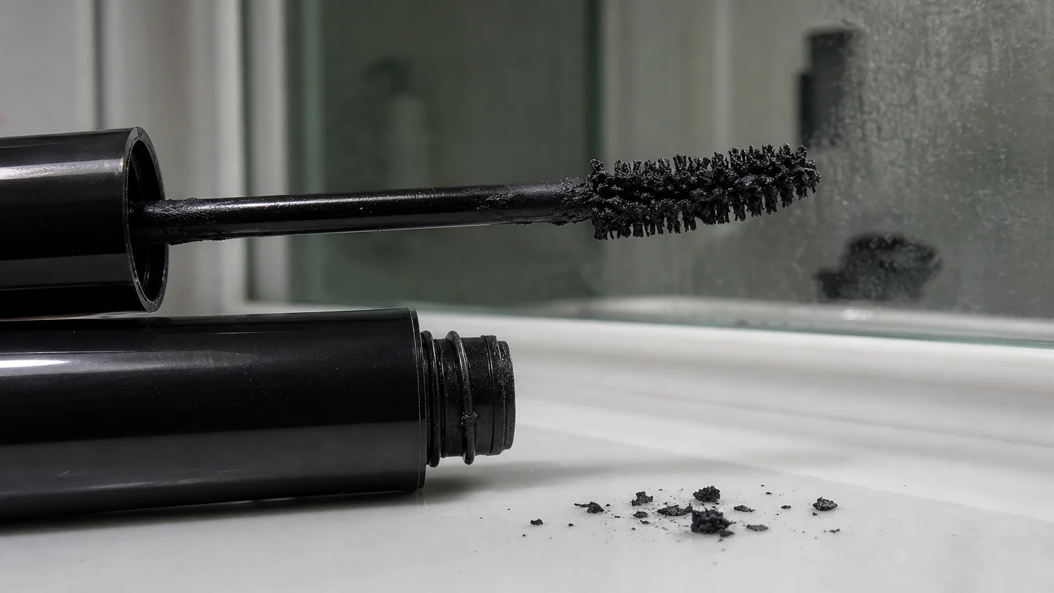 A macro shot of a dry, flaky mascara wand with clumped black residue, indicating it is past its expiration date.