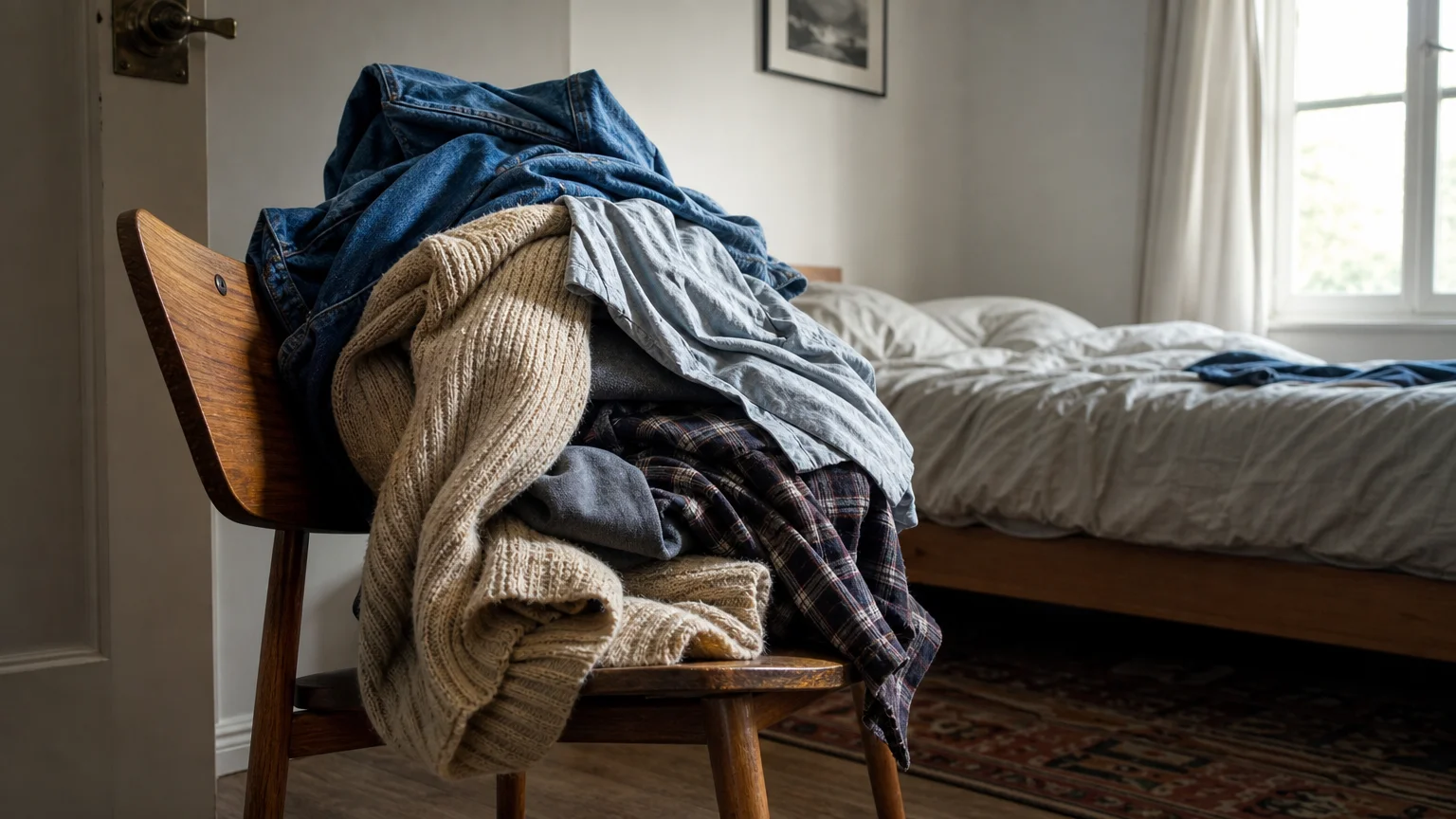 A messy pile of clothes draped over a wooden bedroom chair.