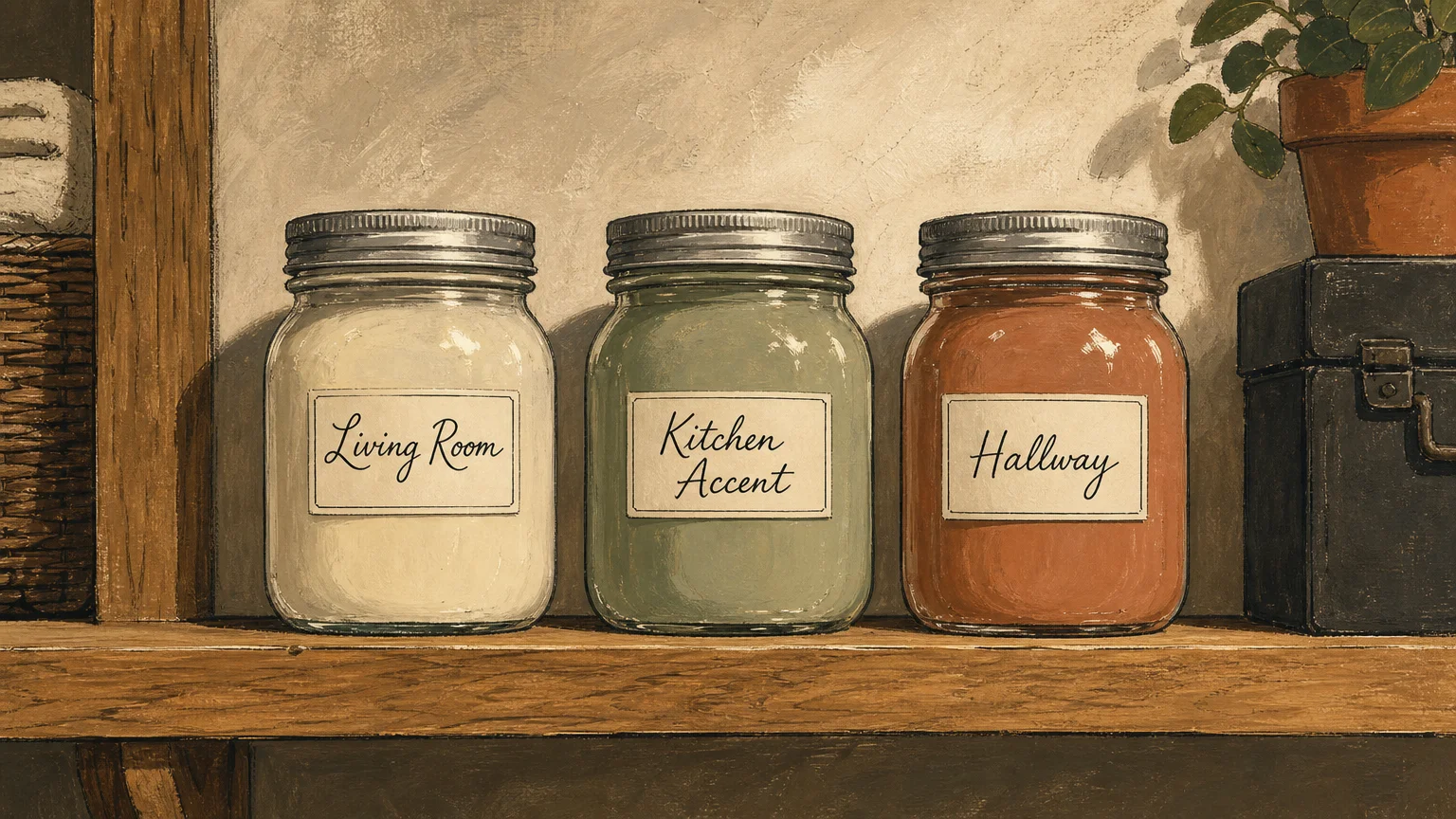 A mid-century illustration of labeled glass jars of leftover paint stored on a clean indoor utility shelf.