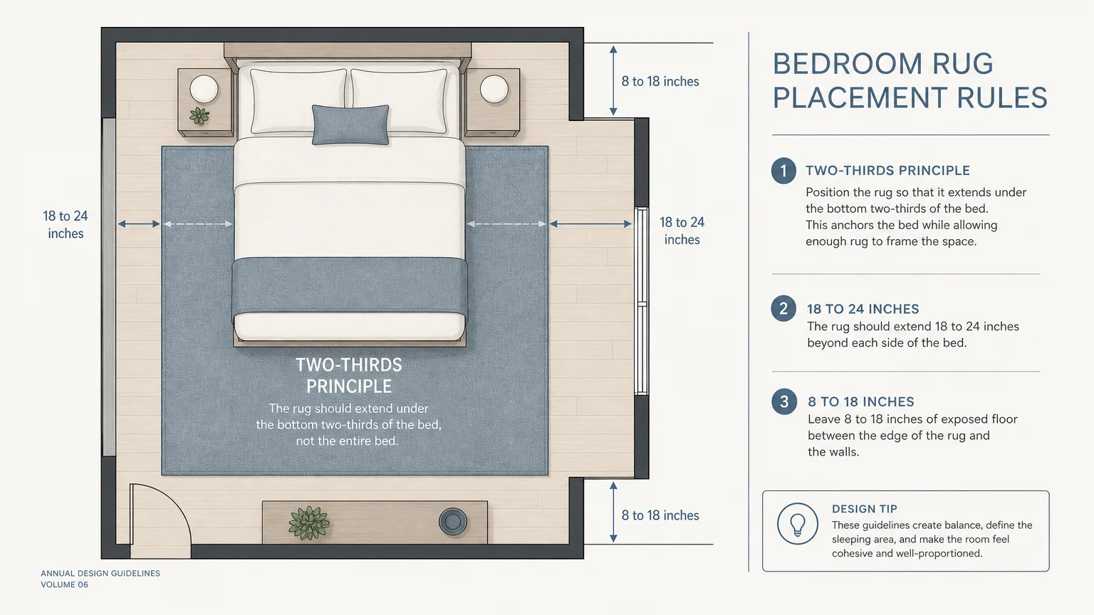A minimalist 2D architectural diagram showing the recommended 18-to-24-inch rug extension and 8-to-18-inch floor border.