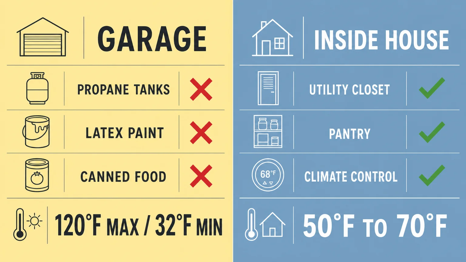 A minimalist comparison chart contrasting unsafe garage storage (120°F/32°F limits) with safe indoor storage (50°F-70°F).