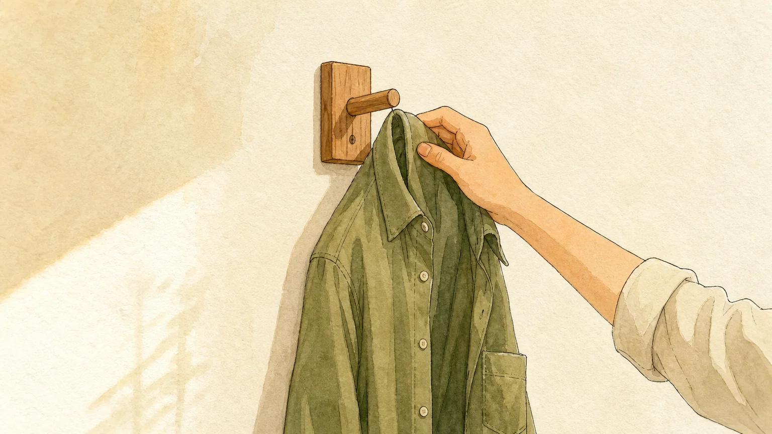 A minimalist illustration of a hand hanging a green shirt onto a wooden wall hook.