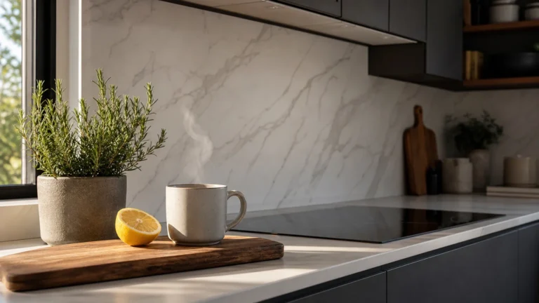 A modern kitchen corner featuring a seamless white porcelain slab backsplash with grey veining, a wooden cutting board, and a steaming mug.