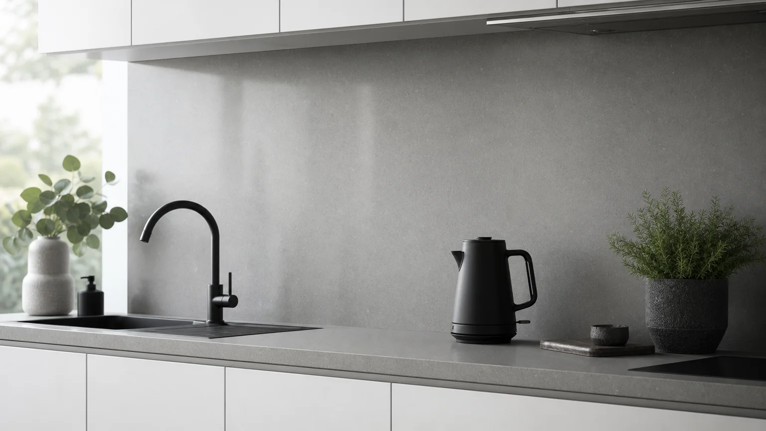 A modern kitchen with a monolithic concrete-grey engineered quartz backsplash and countertop, featuring a black electric kettle.