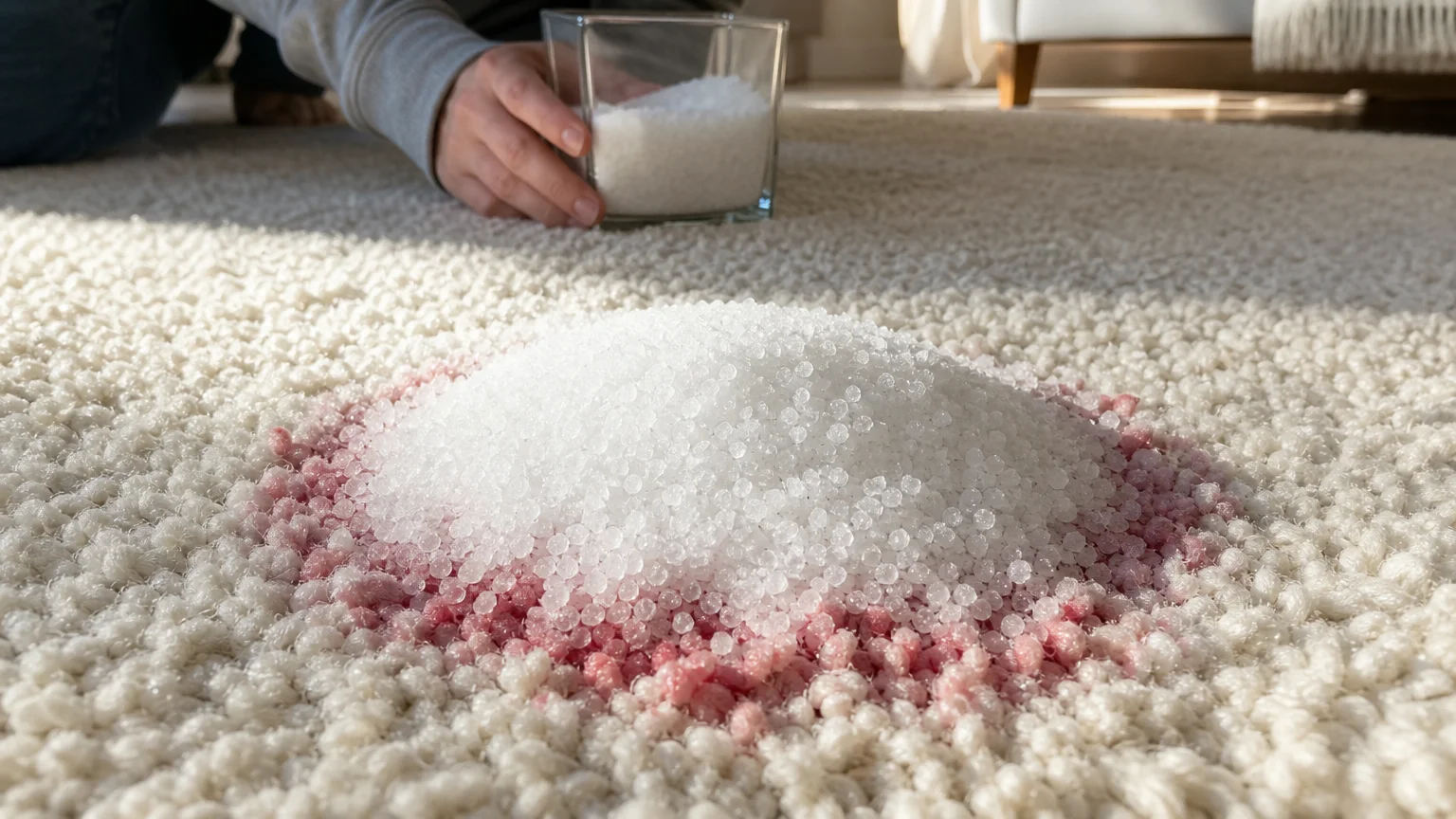 A mound of white table salt turning pink as it absorbs a red wine spill on a white carpet.
