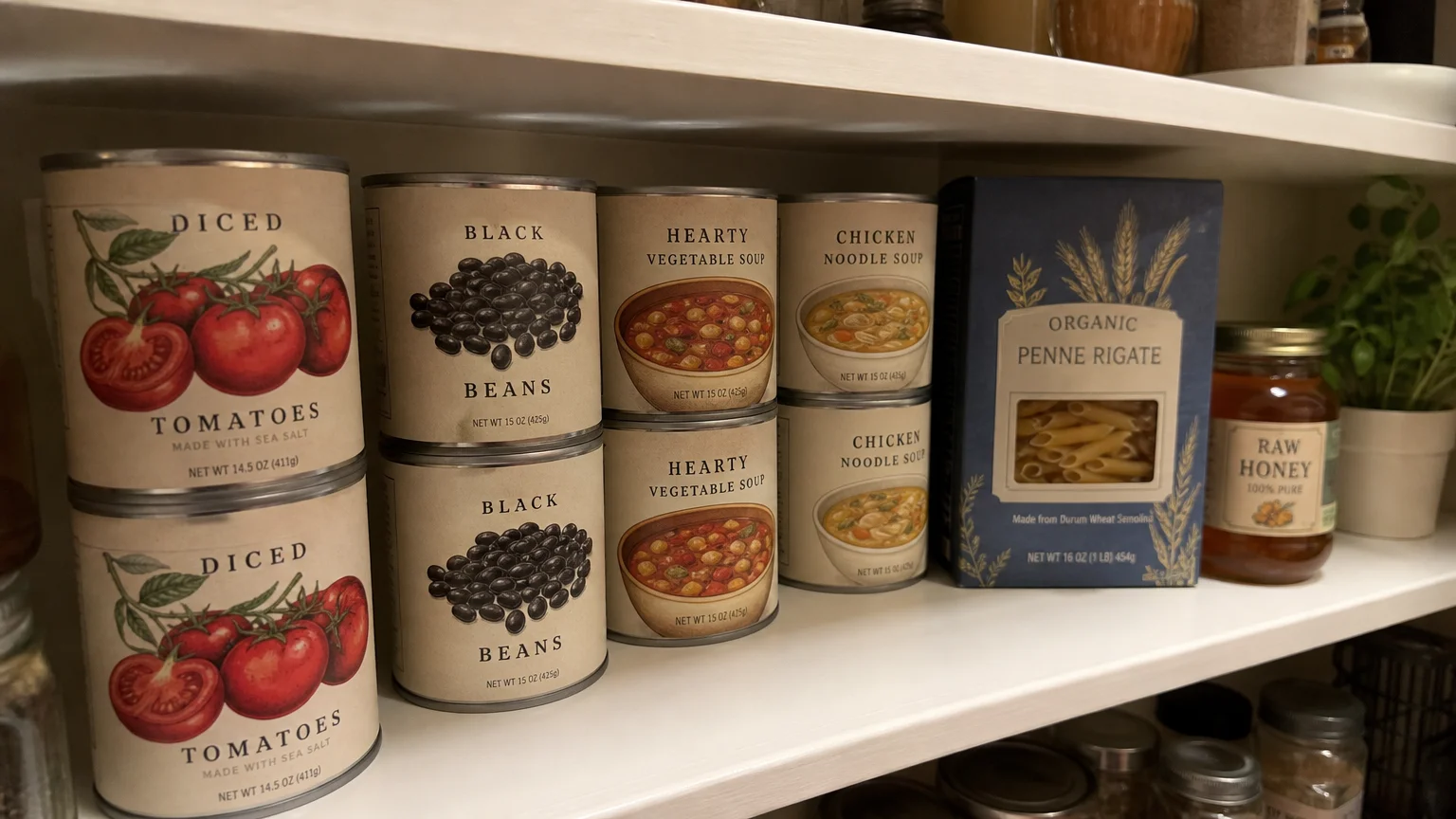 A neat stack of canned foods and dry ingredients on a climate-controlled white kitchen pantry shelf.