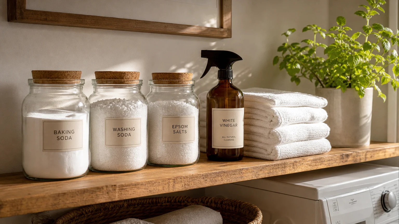A neatly organized laundry shelf with glass jars of baking soda, vinegar spray, and folded linen towels.