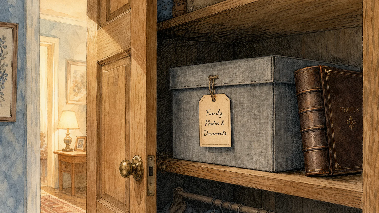 A nostalgic gouache illustration of an archival storage box labeled 'Family Photos & Documents' sitting safely on a closet shelf.