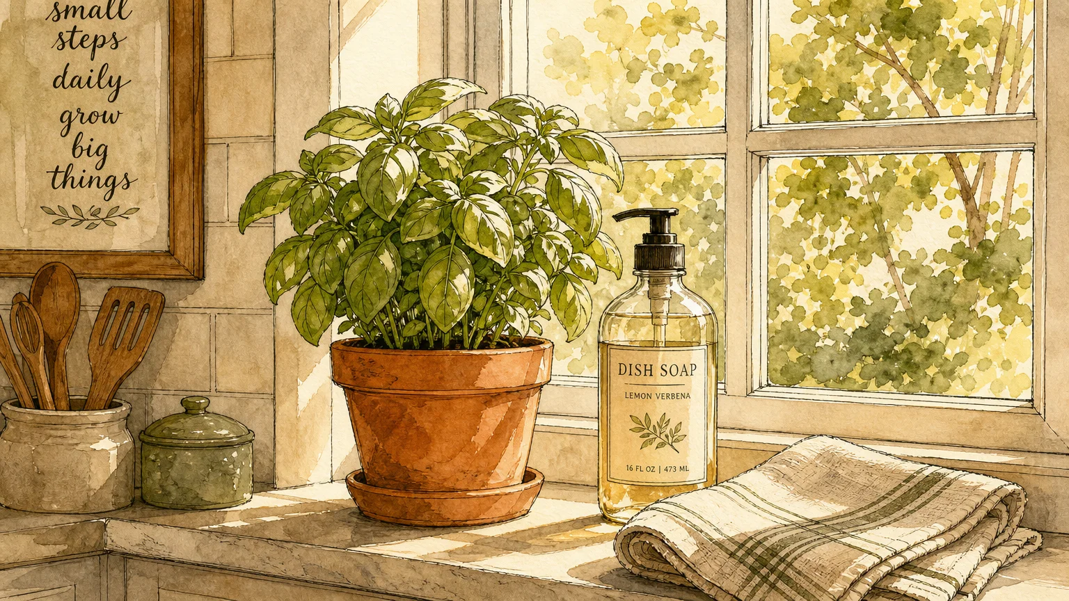 A peaceful watercolor illustration of a kitchen window with a potted basil plant, a glass soap bottle, and a clean towel in warm light.