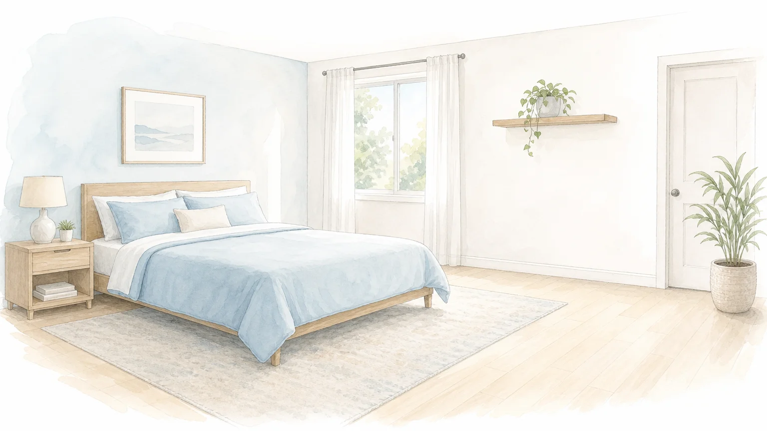 A peaceful watercolor illustration of a tidy, minimalist bedroom, evoking a sense of calm and completion.