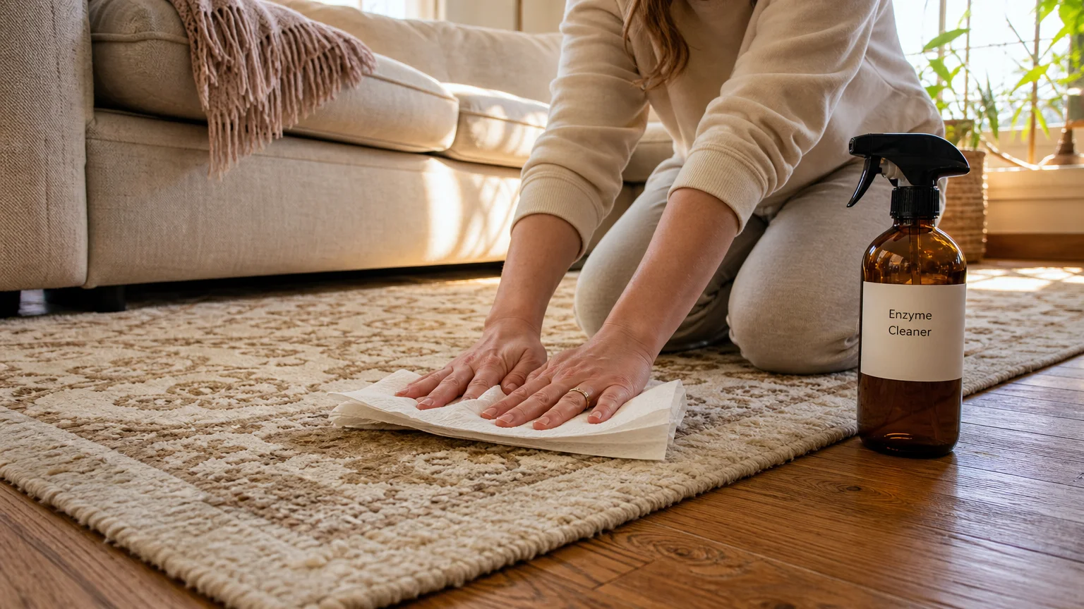 A person blotting a spot on a rug with paper towels next to an amber spray bottle labeled Enzyme Cleaner.