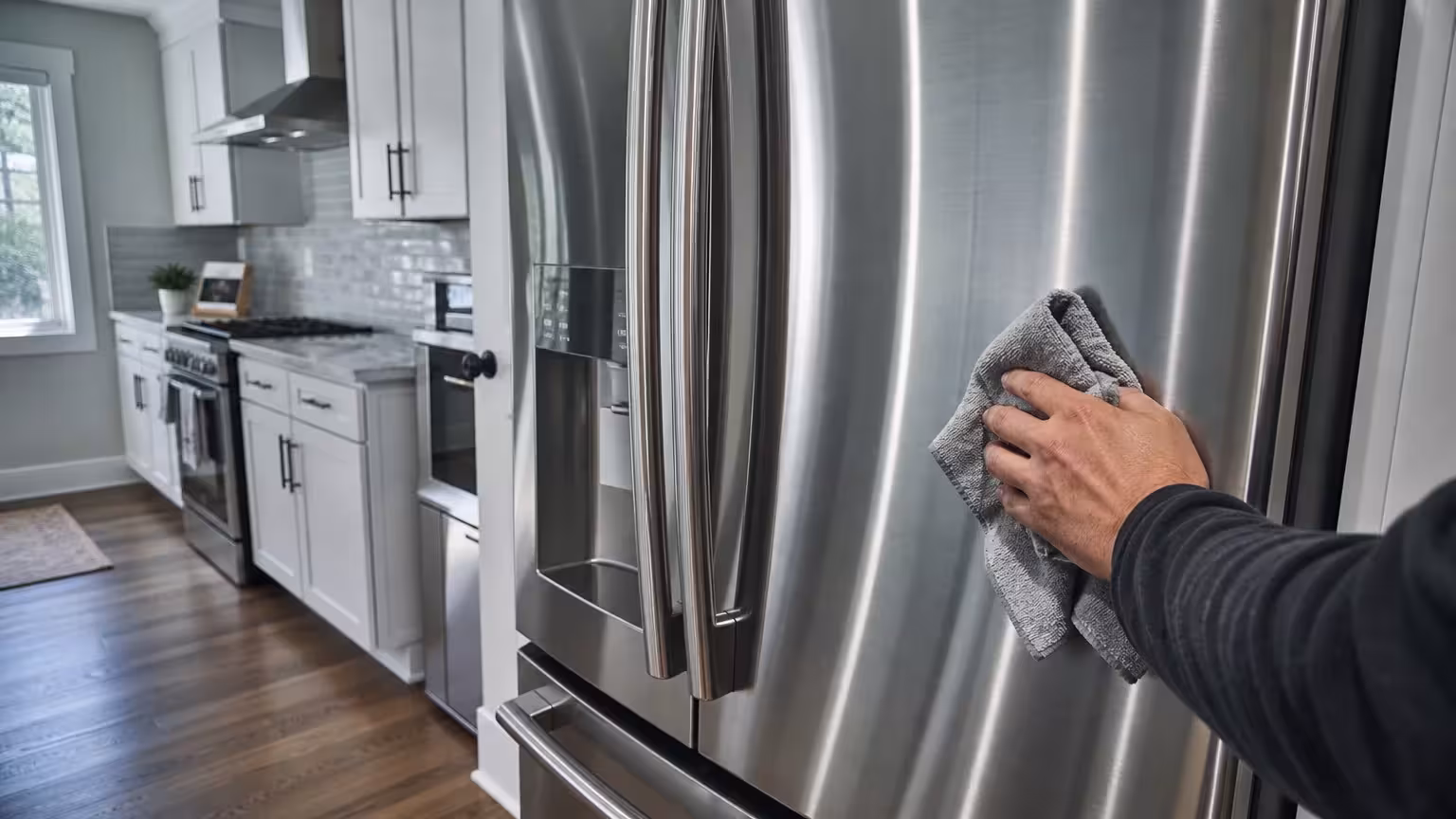 A person buffing a stainless steel refrigerator to a mirror-like shine.
