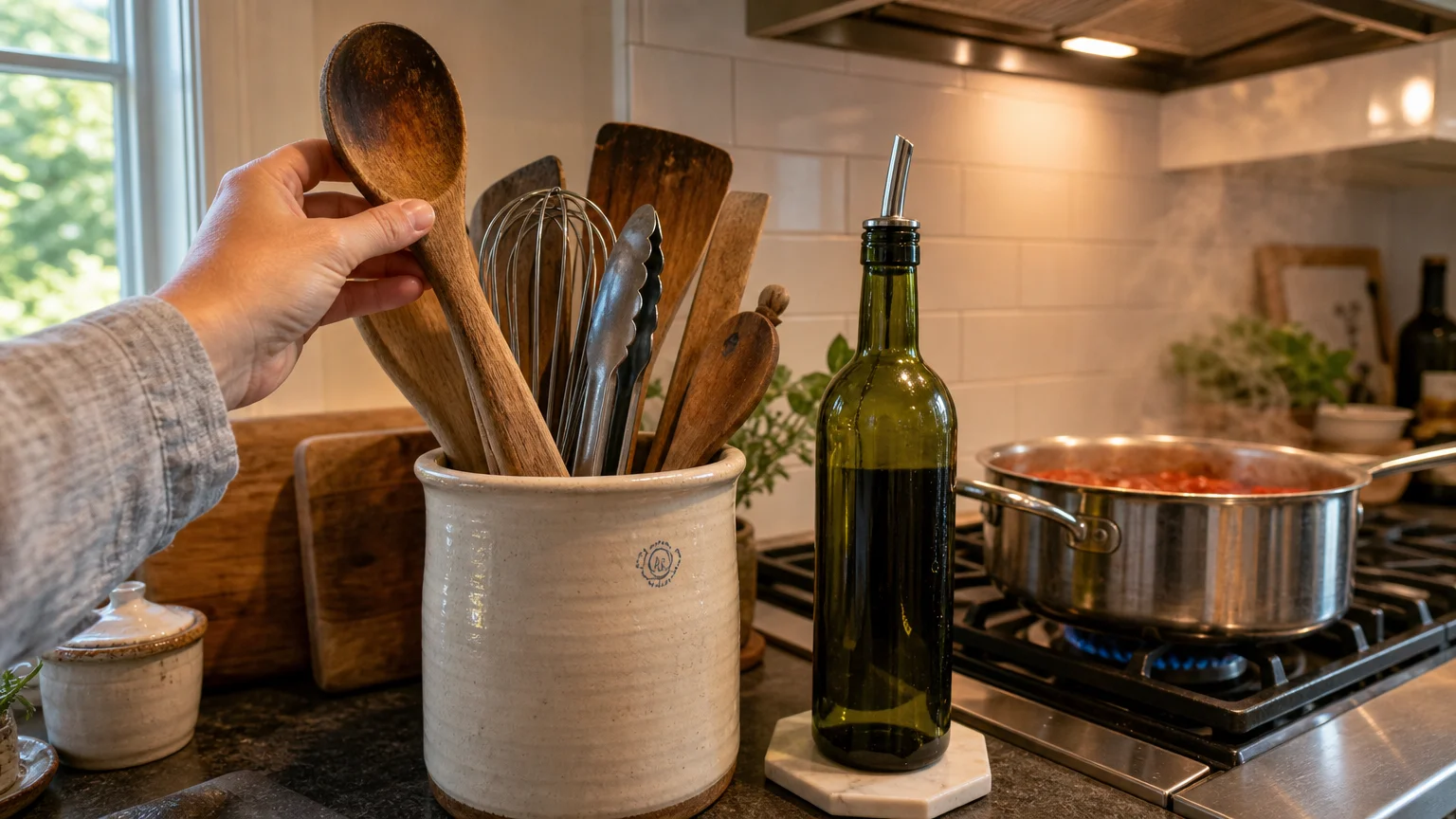 A person grabbing a wooden spoon from a ceramic crock filled with kitchen utensils next to a stove.